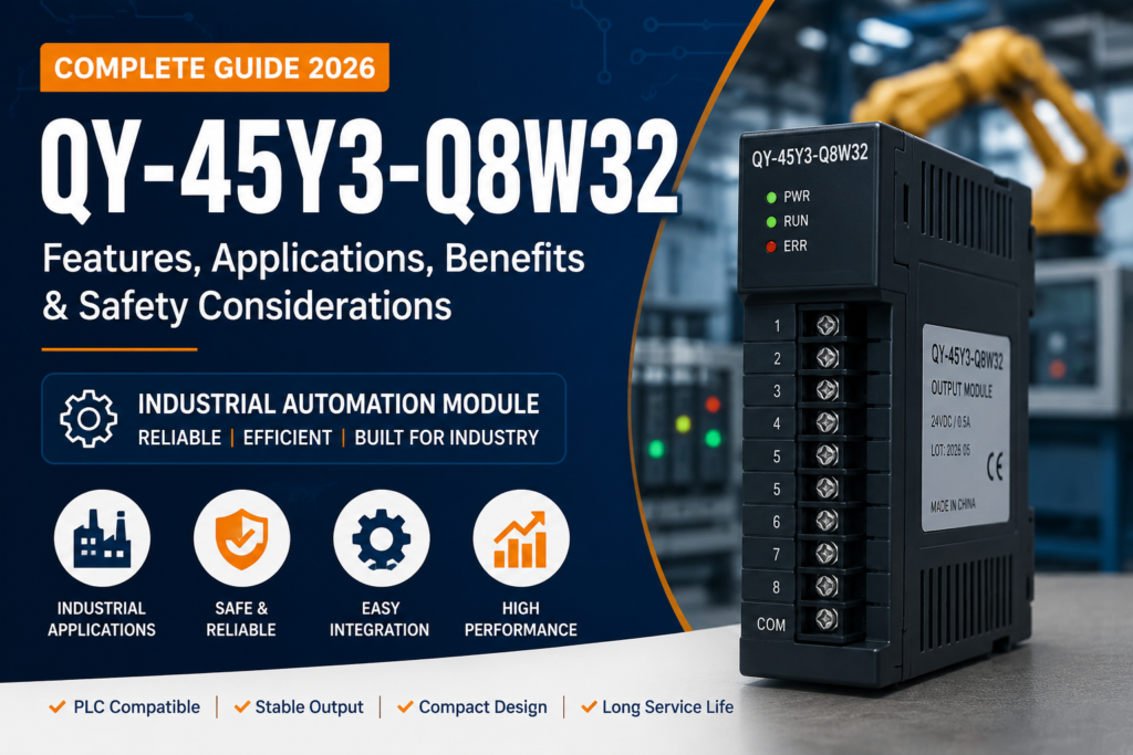 QY-45Y3-Q8W32 industrial automation output module with PLC compatibility, safety features, and industrial control applications showcased in a modern factory environment.