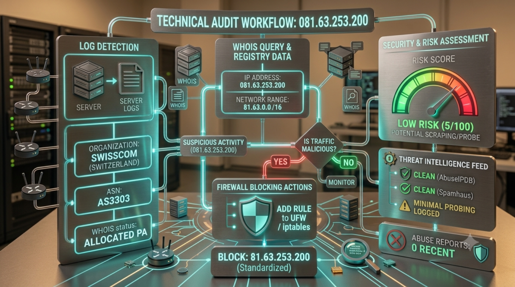 an illustrative flowchart or architectural diagram depicting the IP audit process (from log detection to firewall blocking).