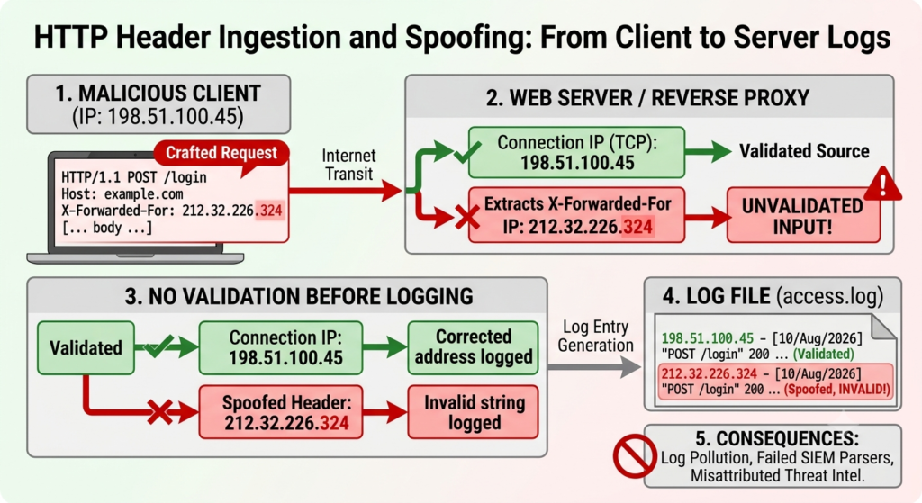 Flowchart showing how spoofed HTTP proxy headers insert invalid IP strings into access logs.