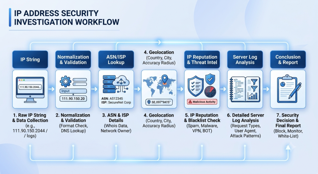 IP address security investigation workflow from normalization to log analysis