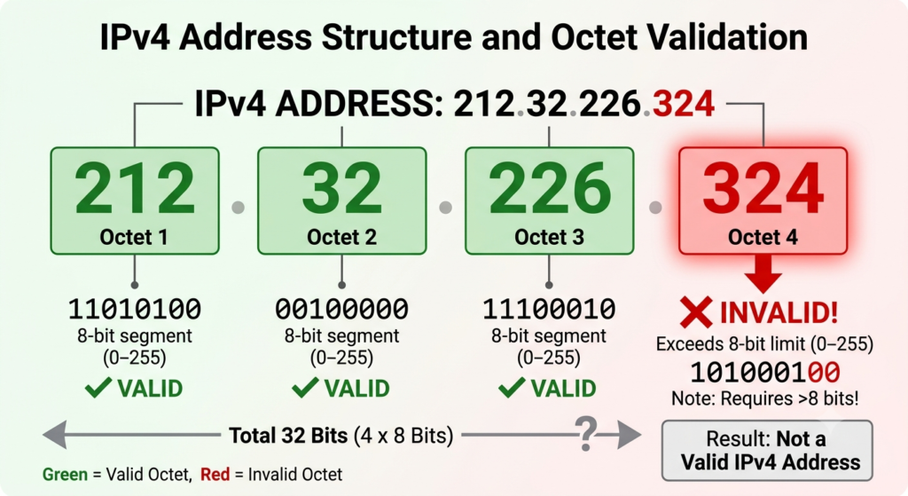 Diagram explaining IPv4 8-bit octet limits and why 212.32.226.324 is an invalid address.